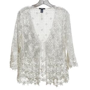 Alfani Bright White Crocheted Floral Lace Open Knit Boho Cottagecore Cardigan M